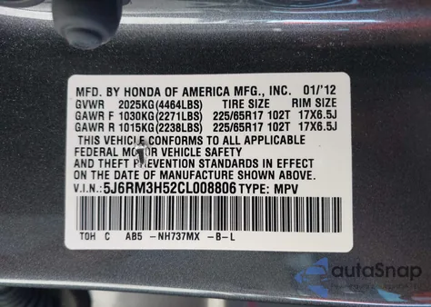 2012 Honda Cr-V Ex из США, поврежденный, VIN 5J6RM3H52CL008806